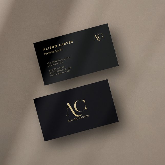 Elegant Monogram Black and Gold | Modern Minimal Business Card (A black and gold business card with an elegant monogram design.)