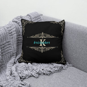 Elegant Monogram Black and Gold Personalized Name Throw Pillow