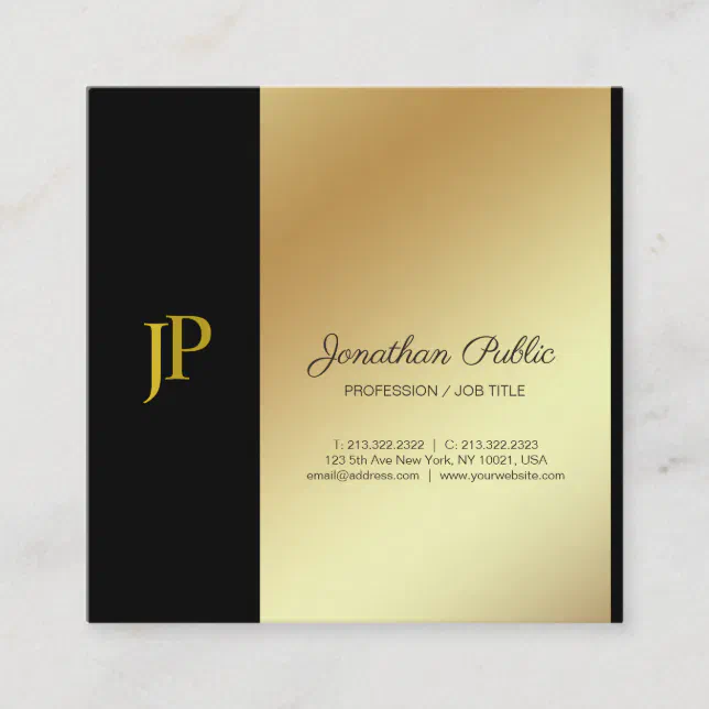 Elegant Monogram Black and Gold Plain Luxury Square Business Card | Zazzle