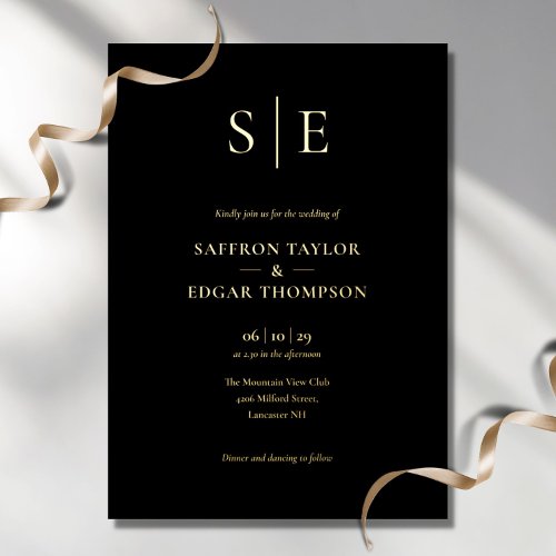 Elegant Monogram Black And Gold Wedding Foil Invitation