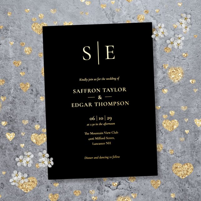 Elegant Monogram Black And Gold Wedding Foil Invitation (Elegant Monogram Black And Gold Wedding Foil Invitation)