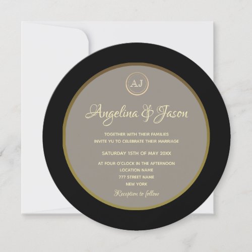 Elegant Monogram Black and Gold Wedding Invitation