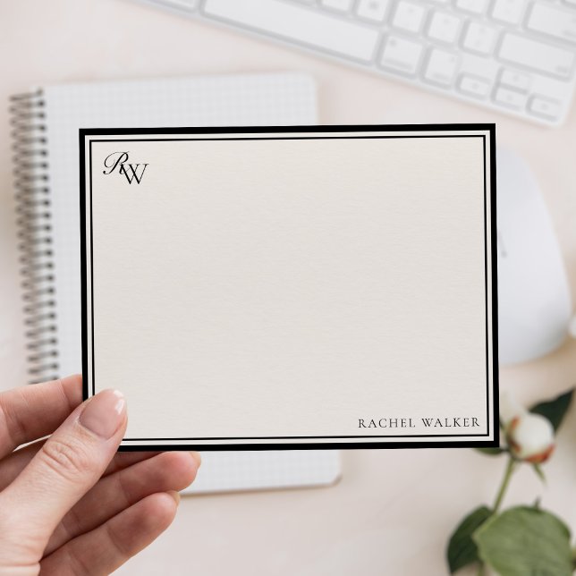 Elegant Monogram Black and Ivory Two Border Note Card (Creator Uploaded)