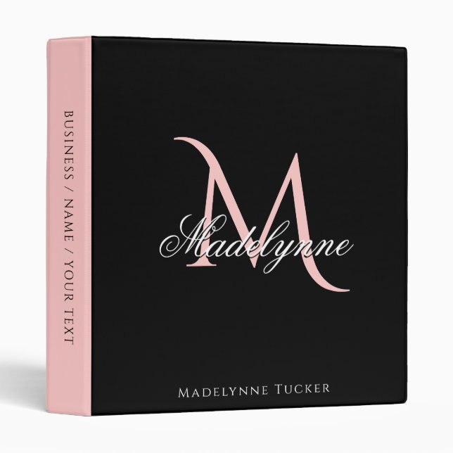 Elegant Monogram Black and Pink Script Office 3 Ring Binder (Front/Spine)