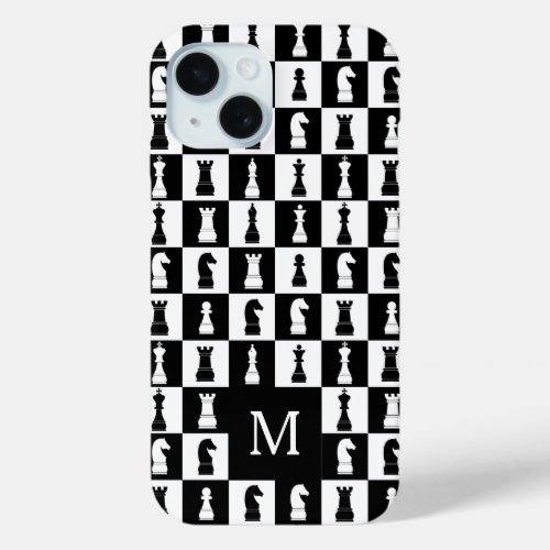 Elegant Monogram Black And White Chess Pattern iPhone 15 Case