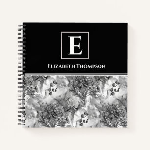 Elegant Monogram Black and White Custom Floral Notebook