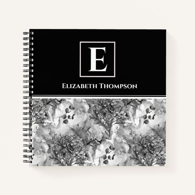 Elegant Monogram Black and White Custom Floral Notebook (Front)