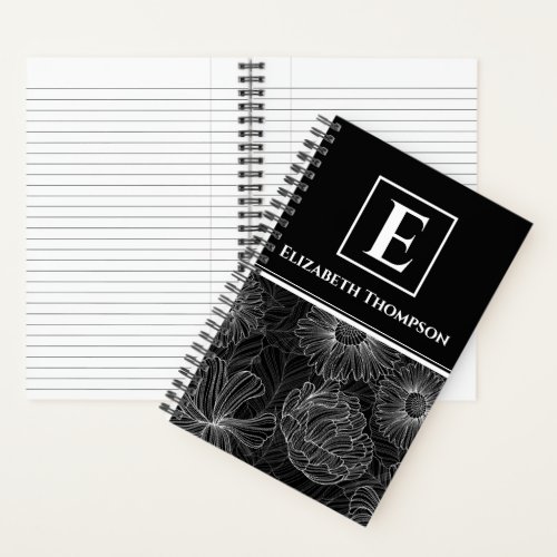 Elegant Monogram Black and White Custom Flower Notebook