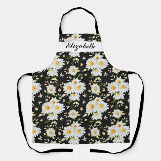 Elegant Monogram Black and White Daisy Pattern Apron