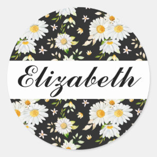 Elegant Monogram Black and White Daisy Pattern Classic Round Sticker