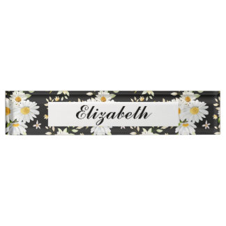 Elegant Monogram Black and White Daisy Pattern Desk Name Plate