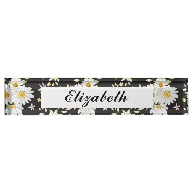 Elegant Monogram Black and White  Daisy Pattern   Desk Name Plate (Front)