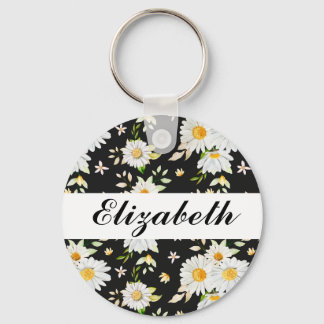 Elegant Monogram Black and White  Daisy Pattern Keychain