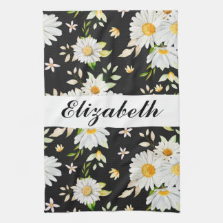 Elegant Monogram Black and White Daisy Pattern Kitchen Towel