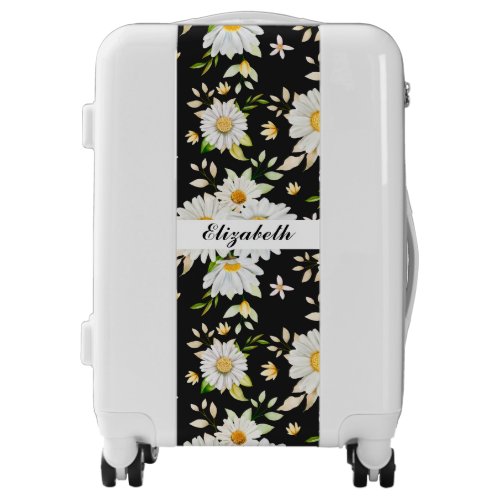 Elegant Monogram Black and White  Daisy Pattern Luggage