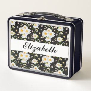 Elegant Monogram Black and White Daisy Pattern Metal Lunch Box