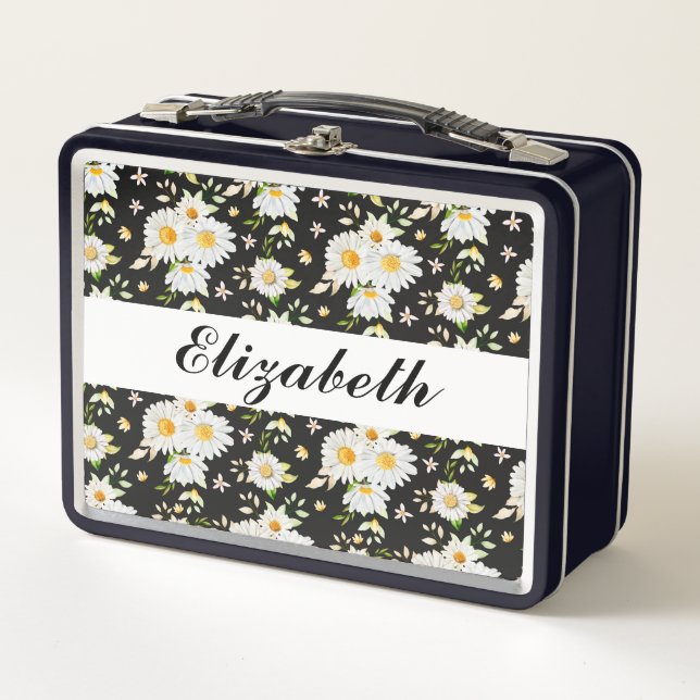 Elegant Monogram Black and White  Daisy Pattern   Metal Lunch Box (Front)
