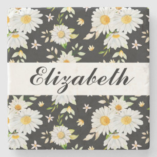 Elegant Monogram Black and White Daisy Pattern Stone Coaster