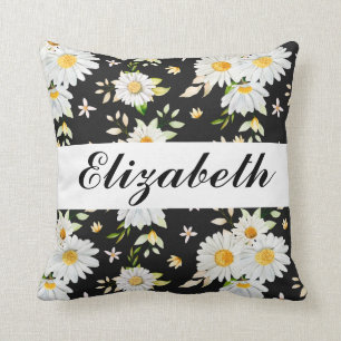Elegant Monogram Black and White  Daisy Pattern  Throw Pillow