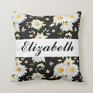 Elegant Monogram Black and White Daisy Pattern Throw Pillow
