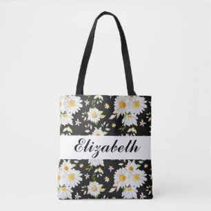 Elegant Monogram Black and White Daisy Pattern Tote Bag