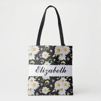 Elegant Monogram Black and White Daisy Pattern Tote Bag