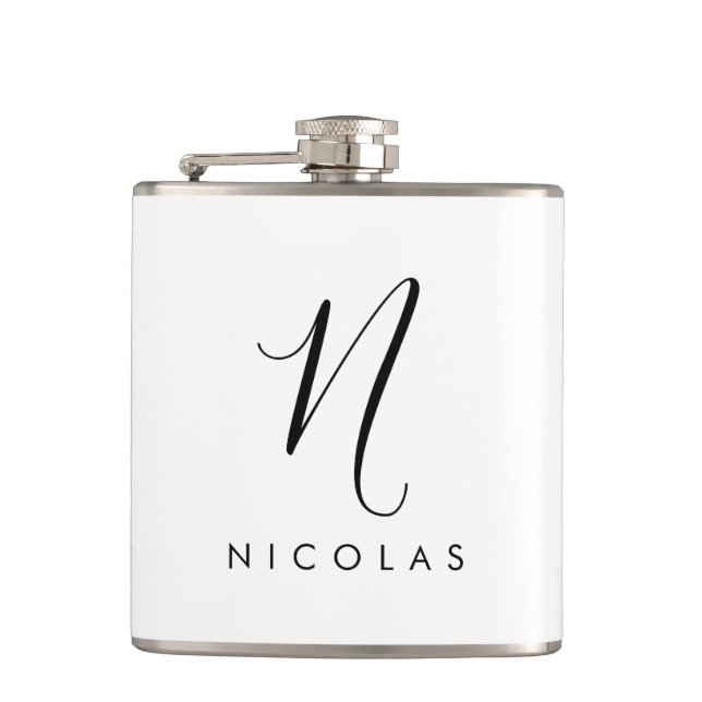 Elegant Monogram Black and White  Flask (Front)