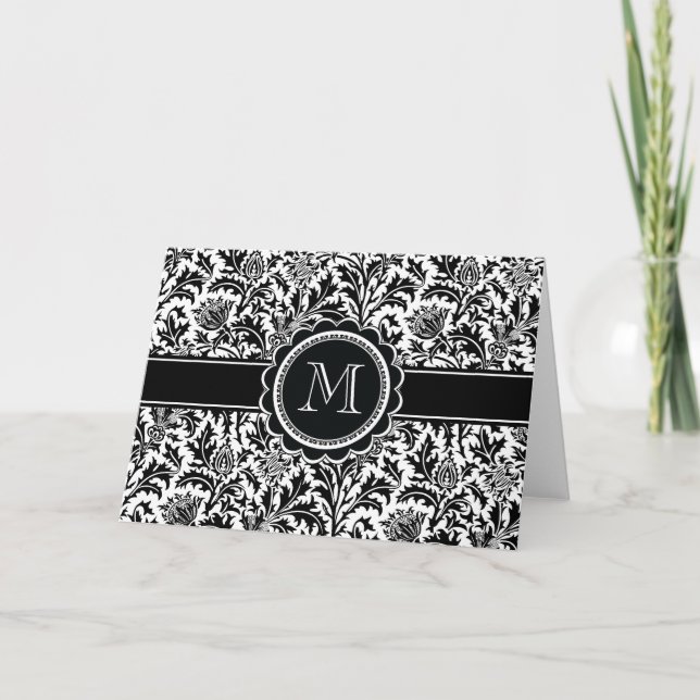 Elegant Monogram Black and White Floral Pattern Note Card (Front)