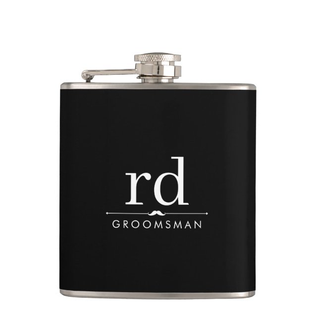 Elegant Monogram Black and White Groomsmen Gift Flask (Front)