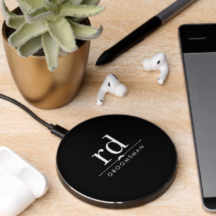 Elegant Monogram Black and White Groomsmen Gift Wireless Charger