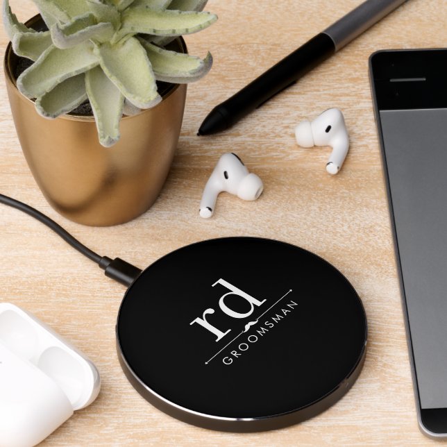 Elegant Monogram Black and White Groomsmen Gift Wireless Charger (Desk 2)