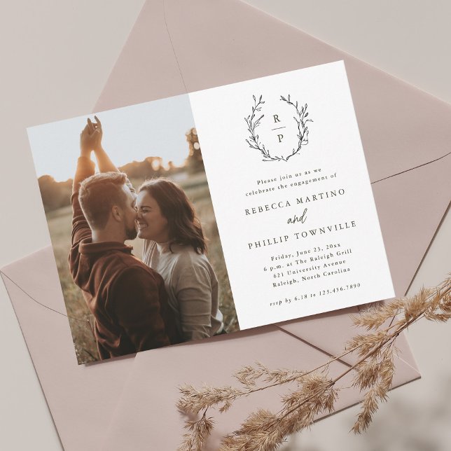 Elegant Monogram Black and White Photo Engagement Invitation (Creator Uploaded)