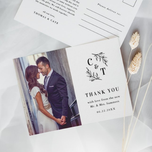 Elegant Monogram Black and White Photo Thank You Postcard (Creator Uploaded)