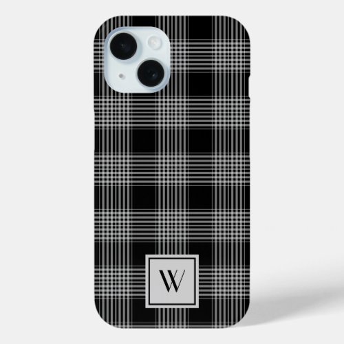 Elegant Monogram Black And White Plaid Pattern iPhone 15 Case