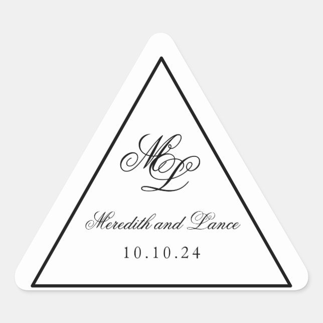 Elegant Monogram Black and White Script Triangle Sticker (Front)