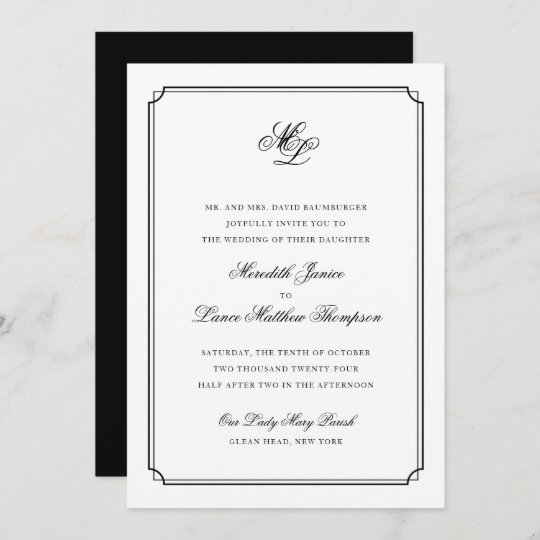 Elegant Monogram Black and White Script Wedding Invitation | Zazzle.com