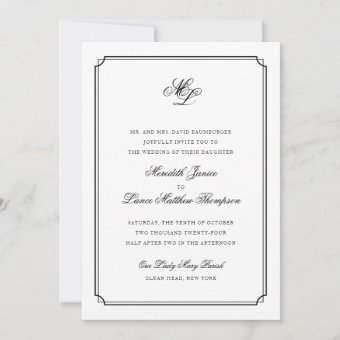 Elegant Monogram Black and White Script Wedding Invitation | Zazzle