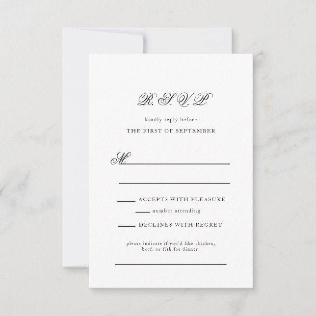 Elegant Monogram Black and White Script Wedding RSVP Card (Front)