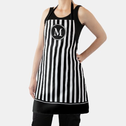 Elegant Monogram Black And White Striped Apron