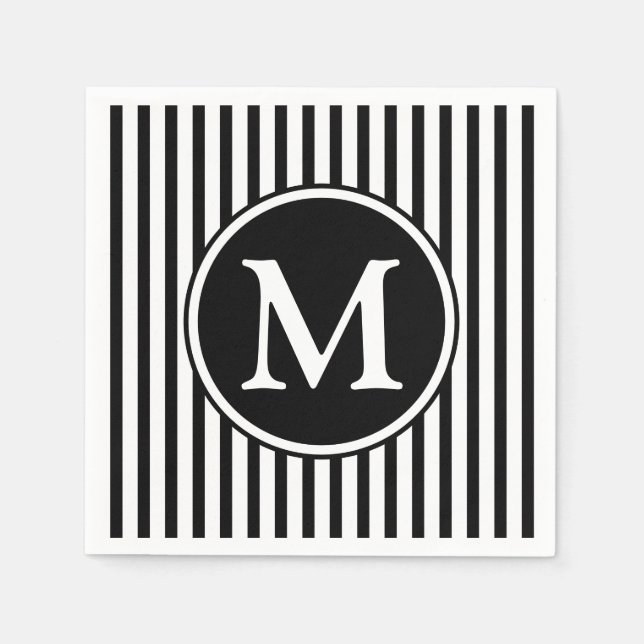 Elegant Monogram Black And White Stripes Paper Napkins (Front)