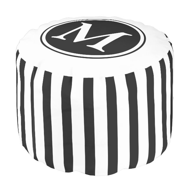 Elegant Monogram Black And White Stripes Pouf (Angled Back)