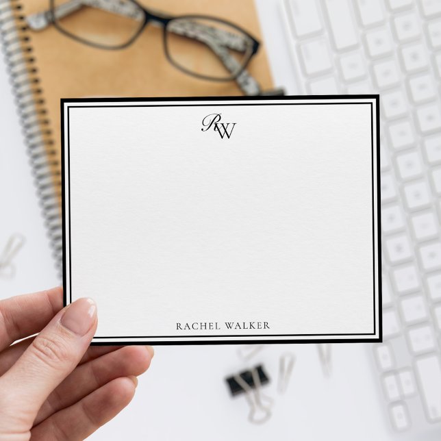Elegant Monogram  Black and White Two Border Note Card (Creator Uploaded)