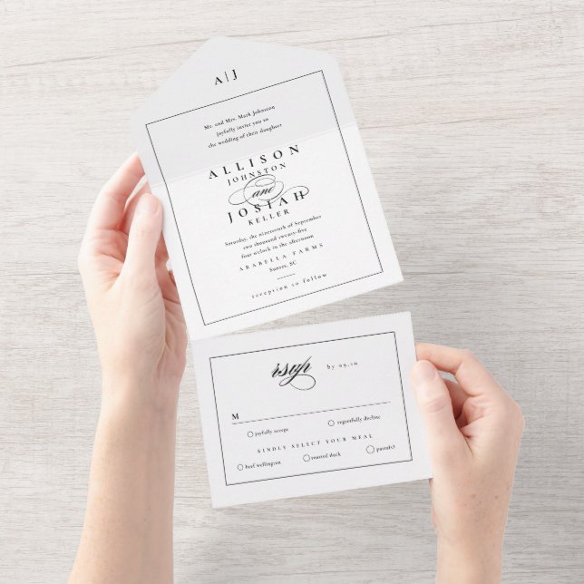 Elegant Monogram Black and White Wedding All In One Invitation (Tearaway)