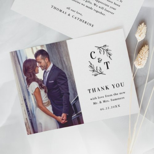 Elegant Monogram Black and White Wedding Photo Thank You Card