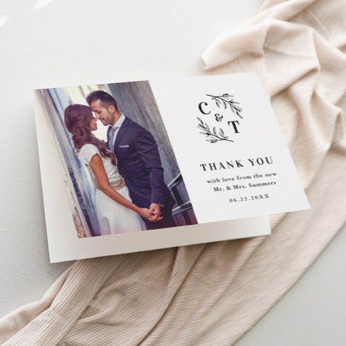 Elegant Monogram Black and White Wedding Photo Thank You Card