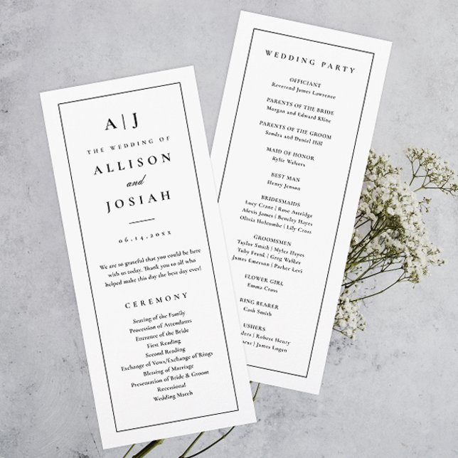 Elegant Monogram Black and White Wedding Program (Elegant monogram black and white simple typographic wedding program.)