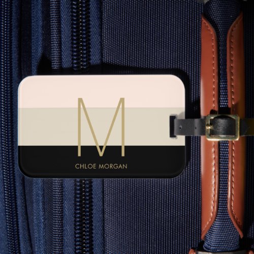 Elegant monogram black beige pink luggage tag