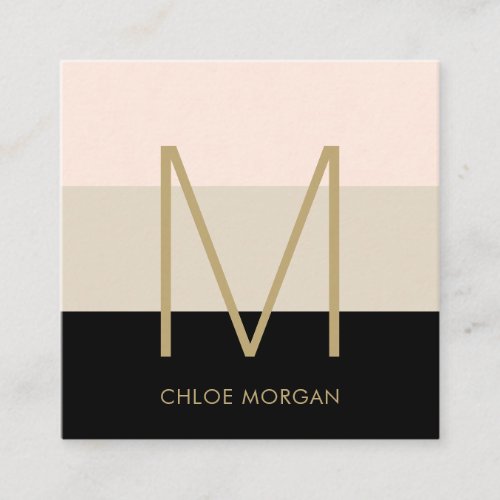 Elegant monogram black beige pink square business card