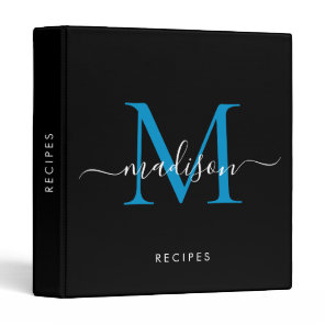 Elegant Monogram Black Blue Script Name Recipe 3 Ring Binder