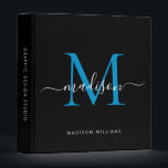 Elegant Monogram Black Bright Blue Office School 3 Ring Binder<br><div class="desc">Elegant Monogram Black Bright Blue White Script Name Home Office Professional Work Back to School Recipe 3 ring binder</div>